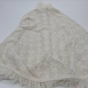 Vintage 1970s Wintuk White Knit Poncho Cape With Fringe And Button Front